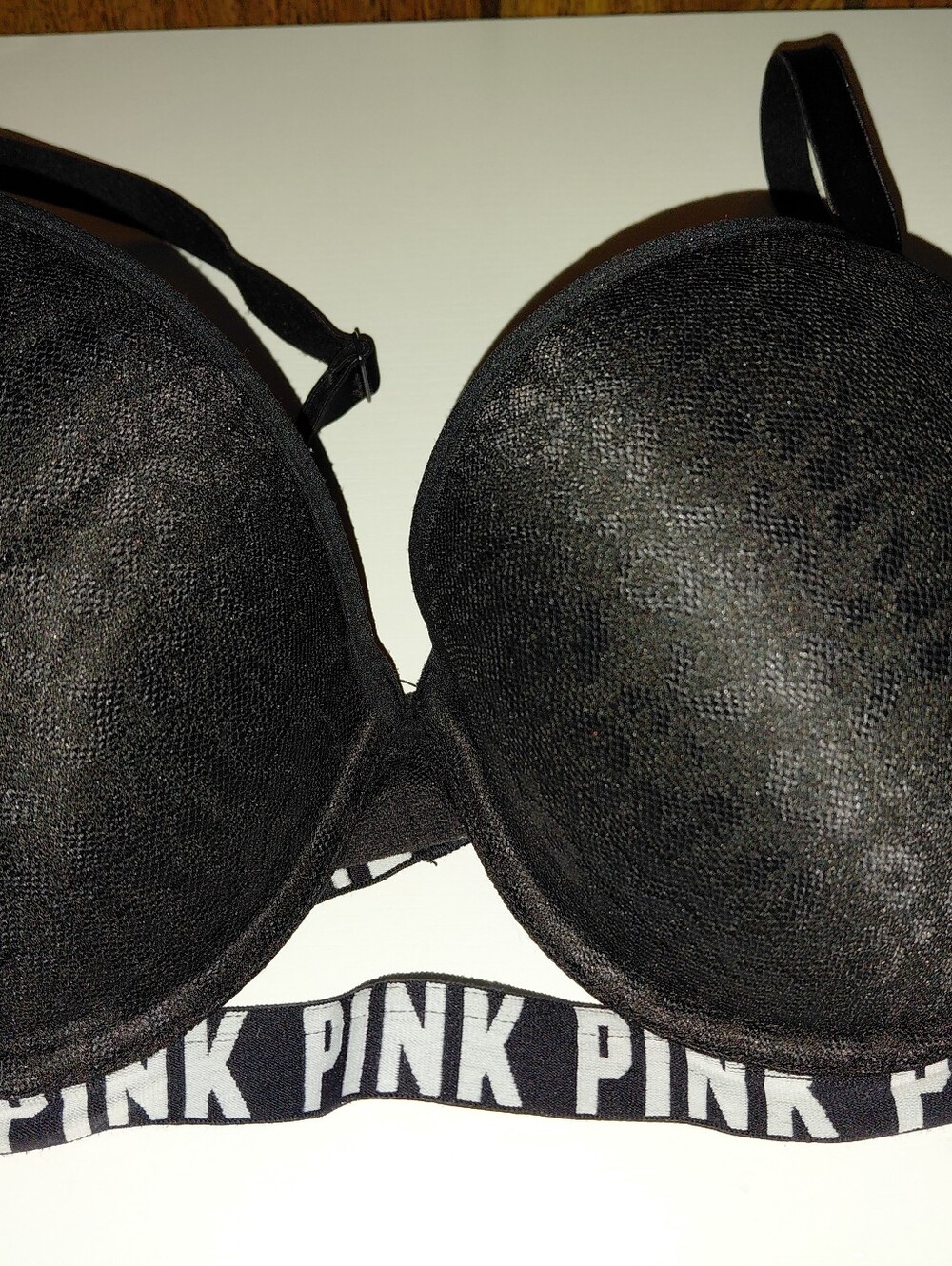 PINK Victoria's Secret Black Lace-Textured Push-Up Bra with Branded Elastic Band